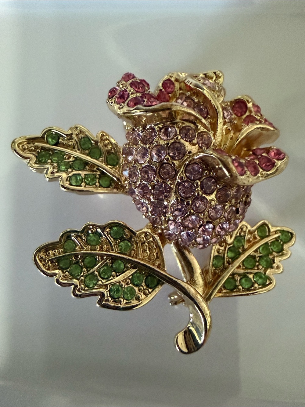 Beautiful Gold-Tone Floral Crystal Brooch - Pink and Green Sparkle